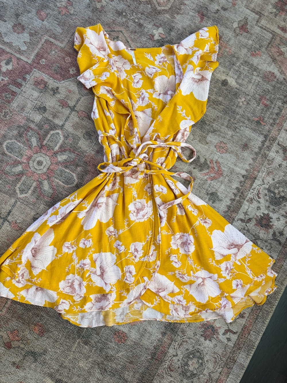 Free People Yellow Floral Ruffle Mini Dress